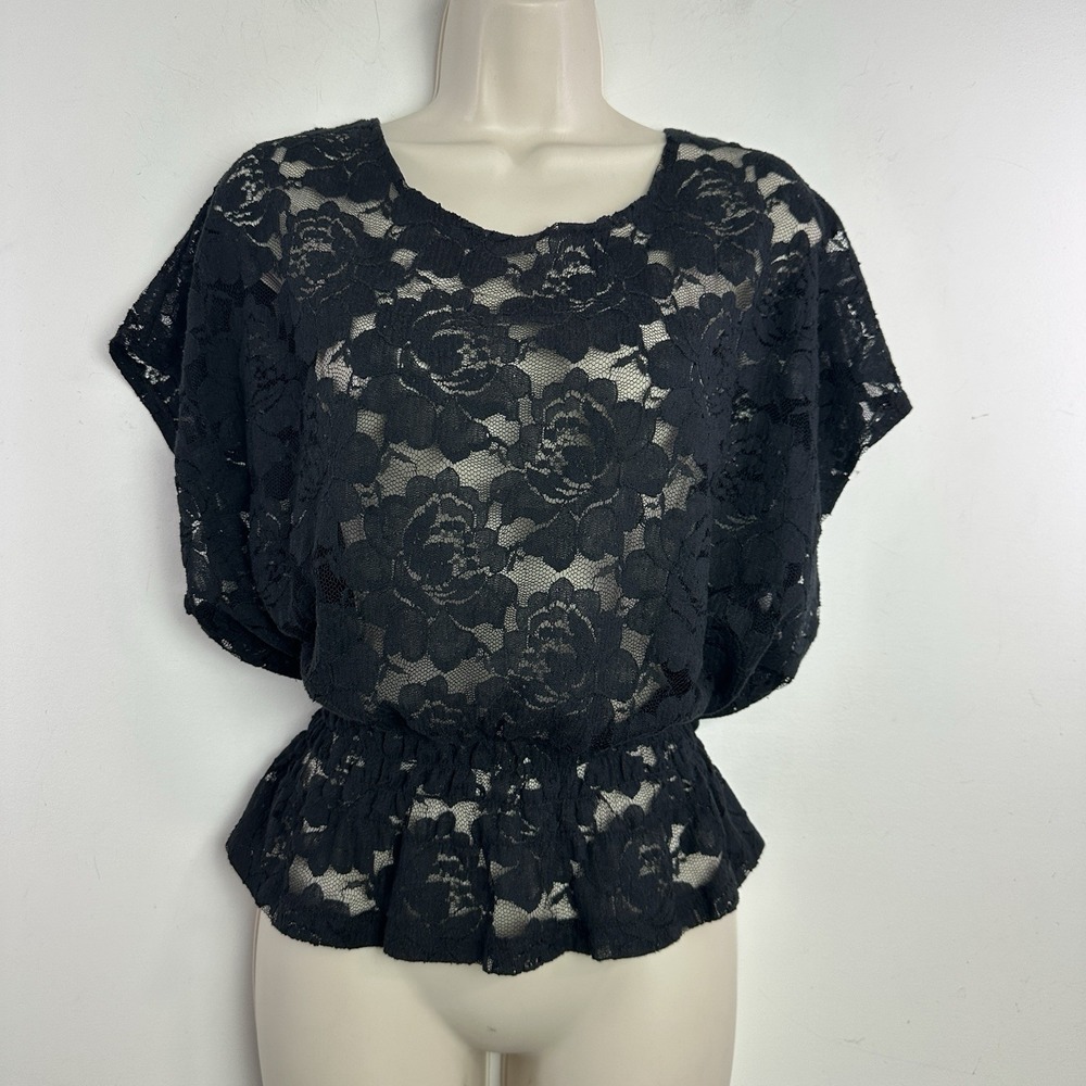Y2K Sheer Blouson Top L Black Lace Floral Smocked Waist Fairy Grunge Feminine